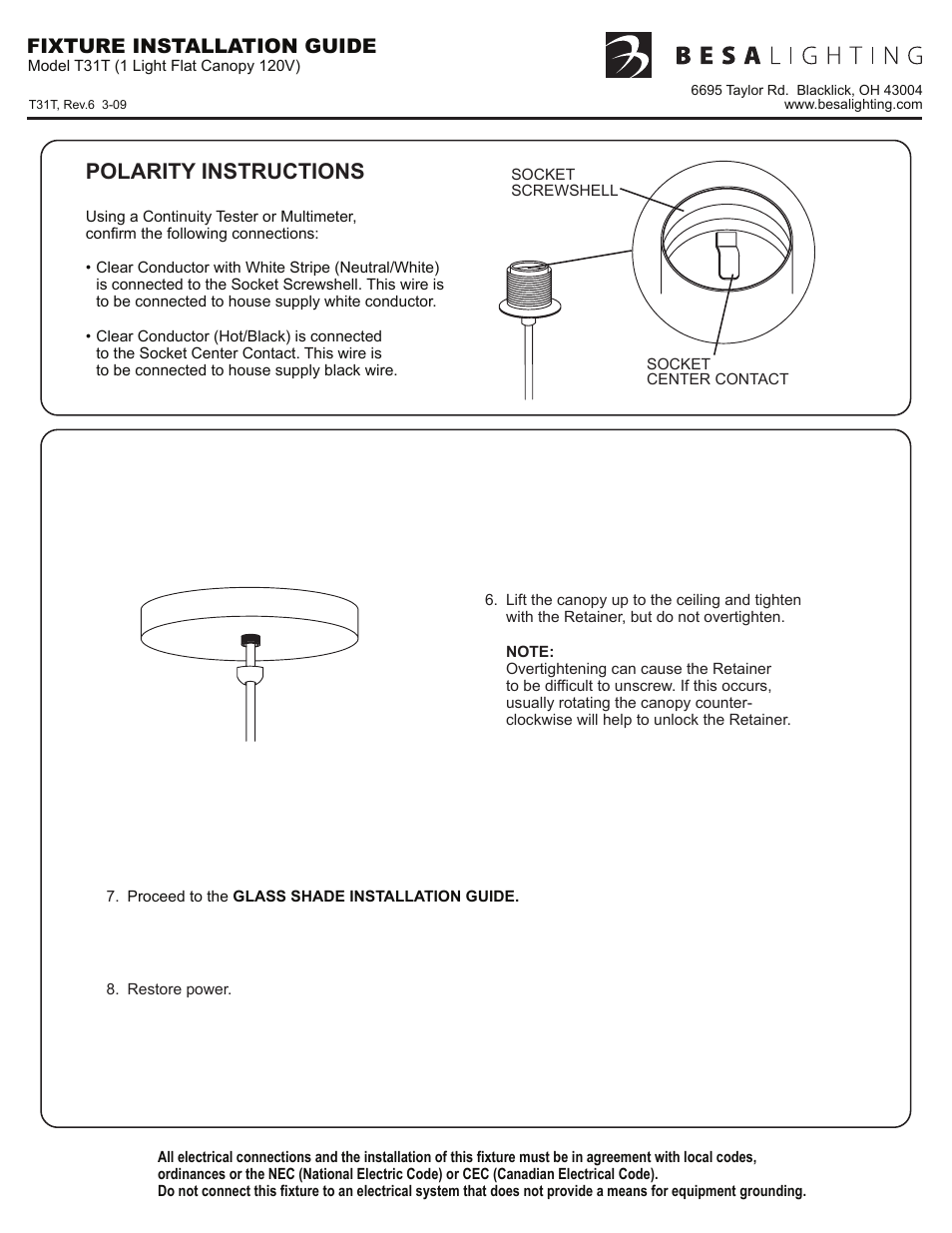 31t_rev6_back, Polarity instructions, Fixture installation guide | Besa Lighting Pera 6 (120V Pendants) User Manual | Page 2 / 3