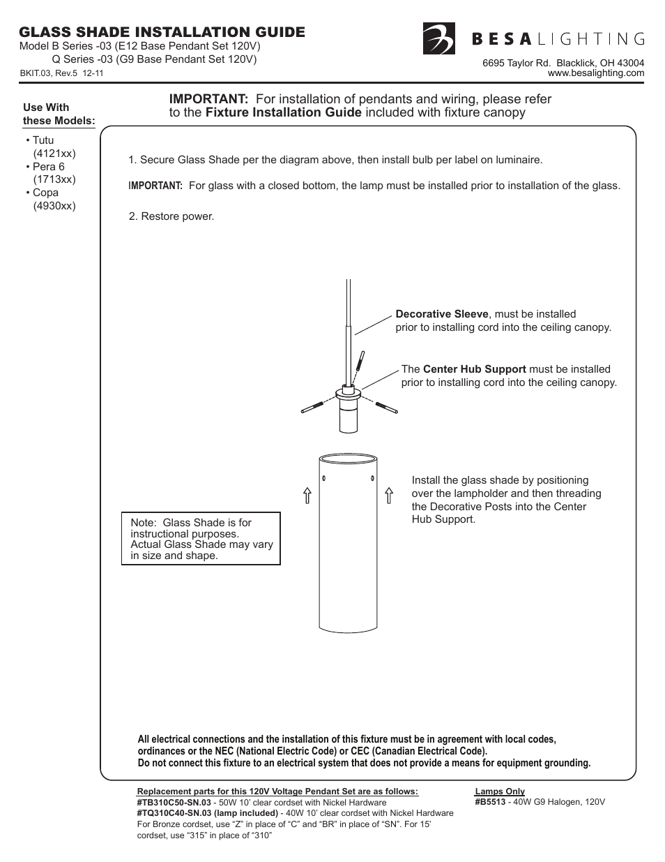 Bkit.03_rev5, Glass shade installation guide | Besa Lighting Pera 6 (120V Pendants) User Manual | Page 3 / 3