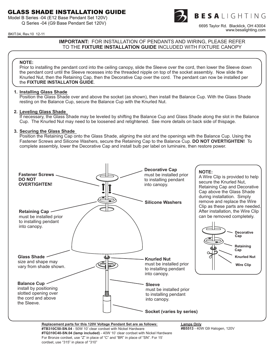 Bkit.04_rev10, Glass shade installation guide | Besa Lighting Bolla (120V Pendants) User Manual | Page 3 / 4