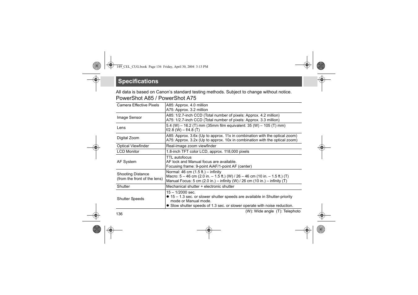 Specifications, Powershot a85 / powershot a75 | Canon A85 User Manual | Page 138 / 162