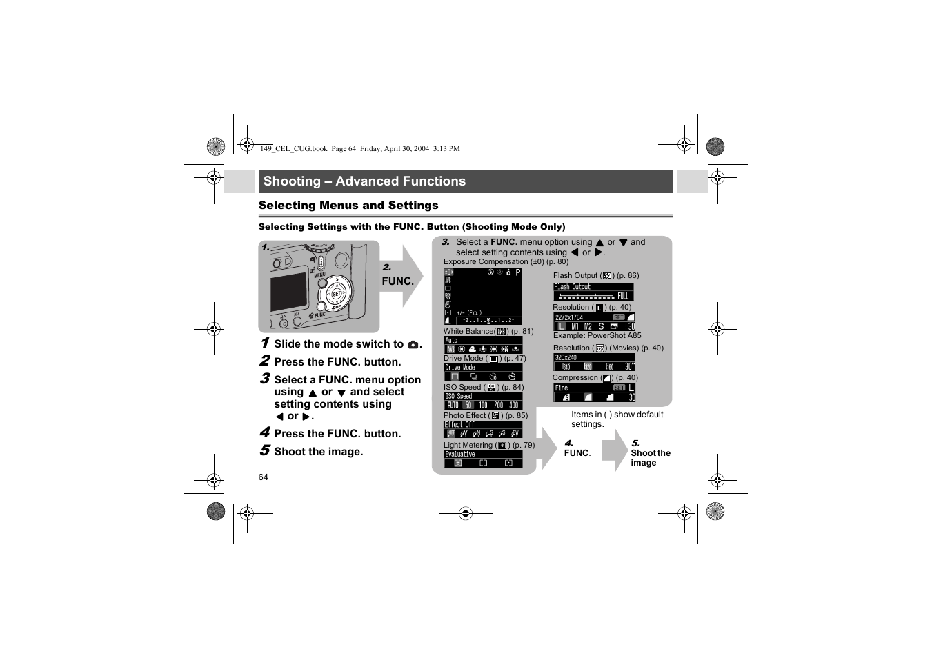 Shooting – advanced functions | Canon A85 User Manual | Page 66 / 162