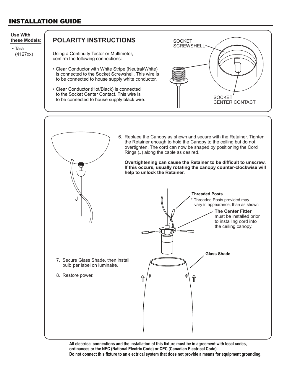 1kz.01_rev6_back, Polarity instructions, Installation guide | Besa Lighting Tara (120V Pendants) User Manual | Page 2 / 2