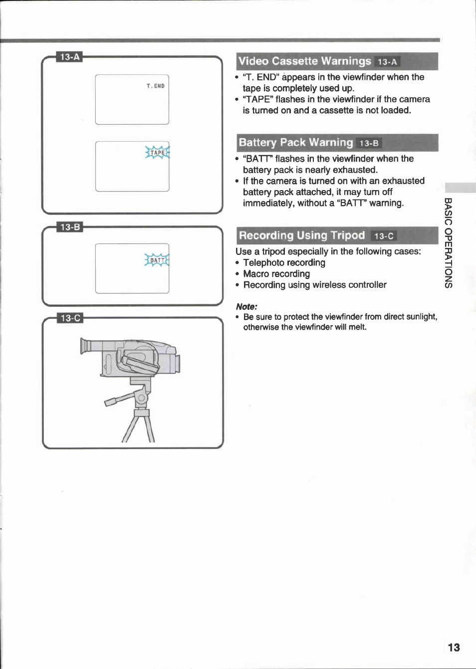 Vídeo cassette warnings i3-a, Battery pack warning 13-b, Recording using tripod 13-c | Video cassette warnings, Battery pack warning recording using tripod | Canon E 333 D User Manual | Page 13 / 82