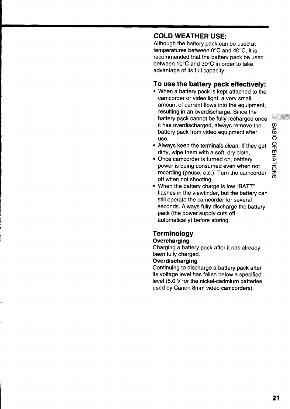 Cold weather use, To use the battery pack effectively, Terminology | Canon E 333 D User Manual | Page 21 / 82