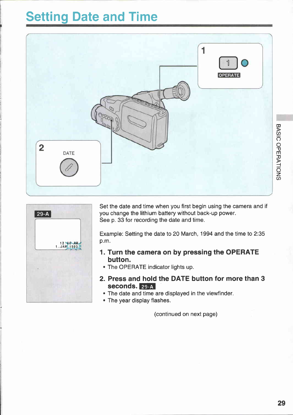 Setting date and time, Turn the camera on by pressing the operate button | Canon E 333 D User Manual | Page 29 / 82