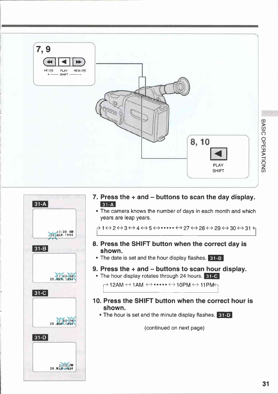 Press the + and - buttons to scan the day display, Press the shift button when the correct day is, Shown | Press the + and - buttons to scan hour display, T: 0 2 0 3 | Canon E 333 D User Manual | Page 31 / 82