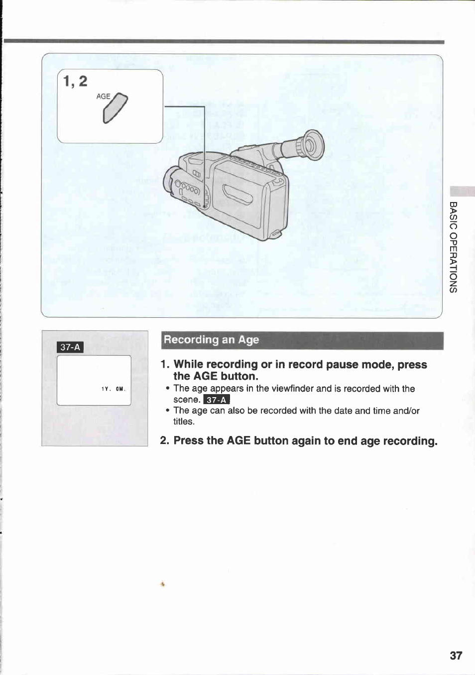 Recording an age, Press the age button again to end age recording | Canon E 333 D User Manual | Page 35 / 82