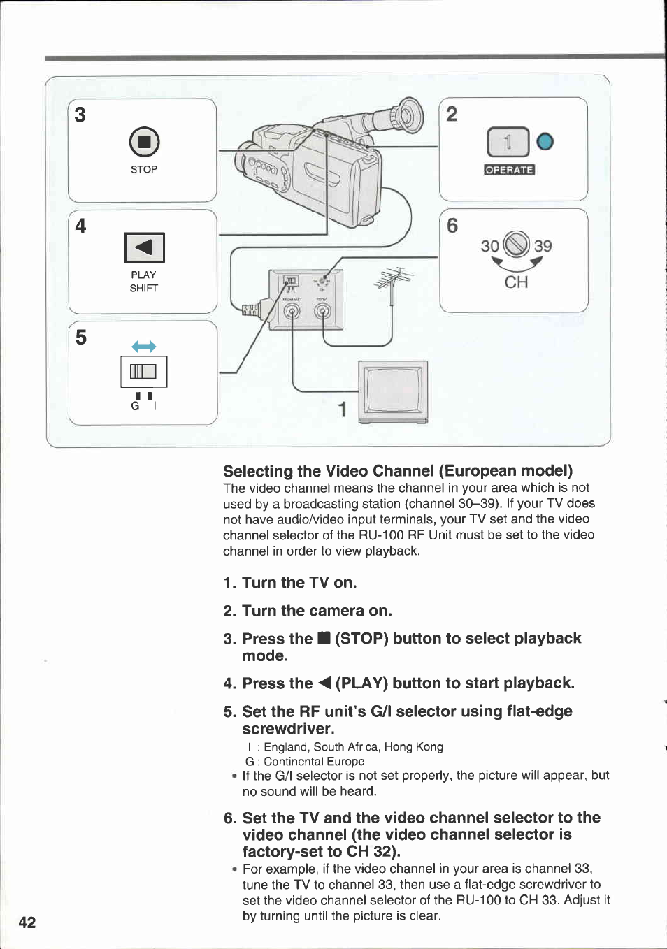 Selecting the video channel (european model), Turn the tv on, Turn the camera on | Stop) button to select playback, Press the m (play) button to start playback | Canon E 333 D User Manual | Page 40 / 82