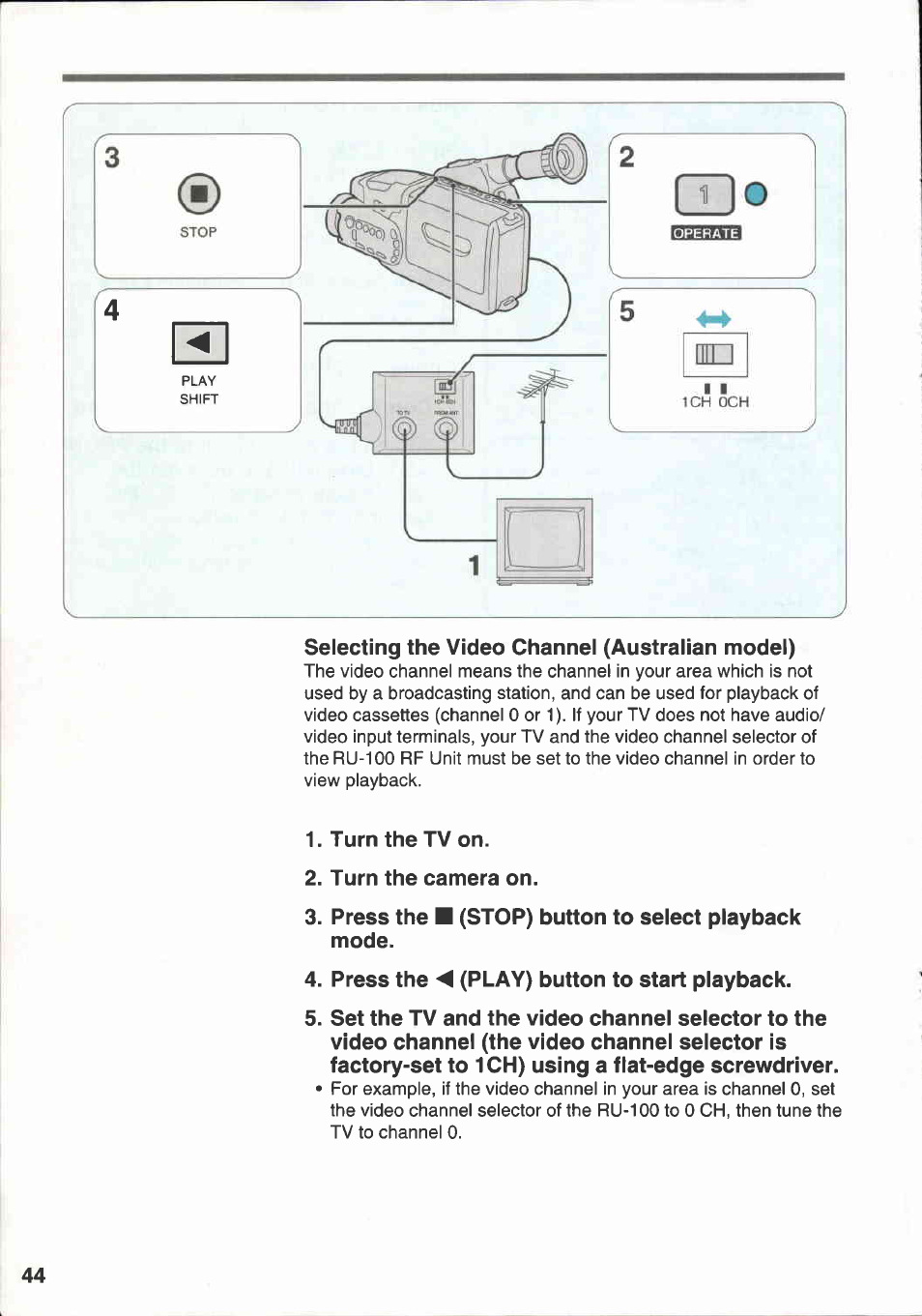 Selecting the video channel (australian model), Turn the tv on, Turn the camera on | Stop) button to select playback, Press the m (play) button to start playback | Canon E 333 D User Manual | Page 42 / 82