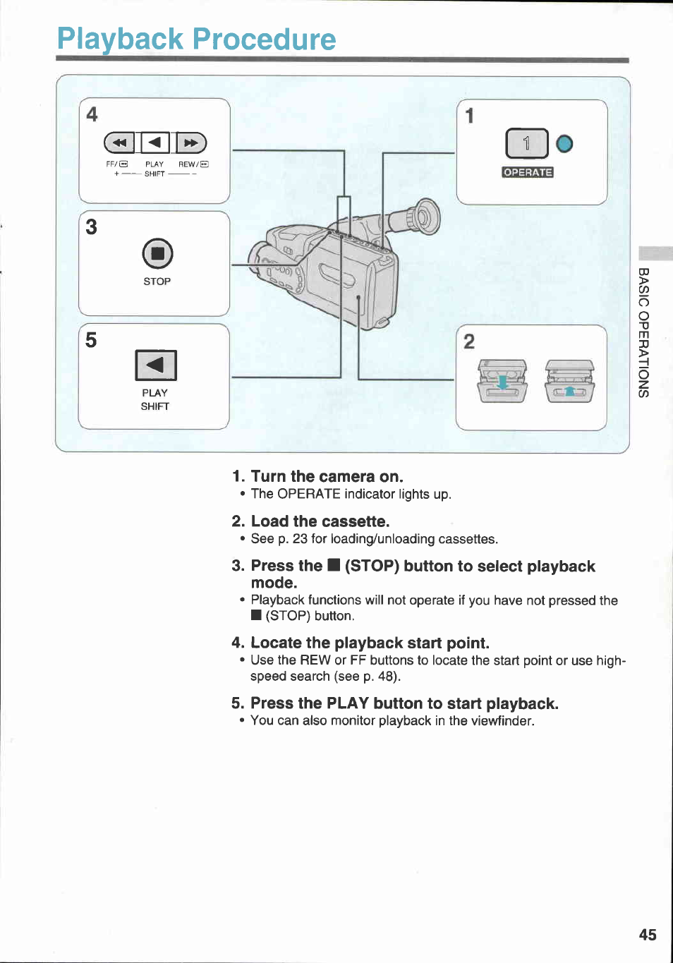 Playback procedure, Load the cassette, Press the ■ (stop) button to select playback mode | Locate the playback start point, Press the play button to start playback | Canon E 333 D User Manual | Page 43 / 82