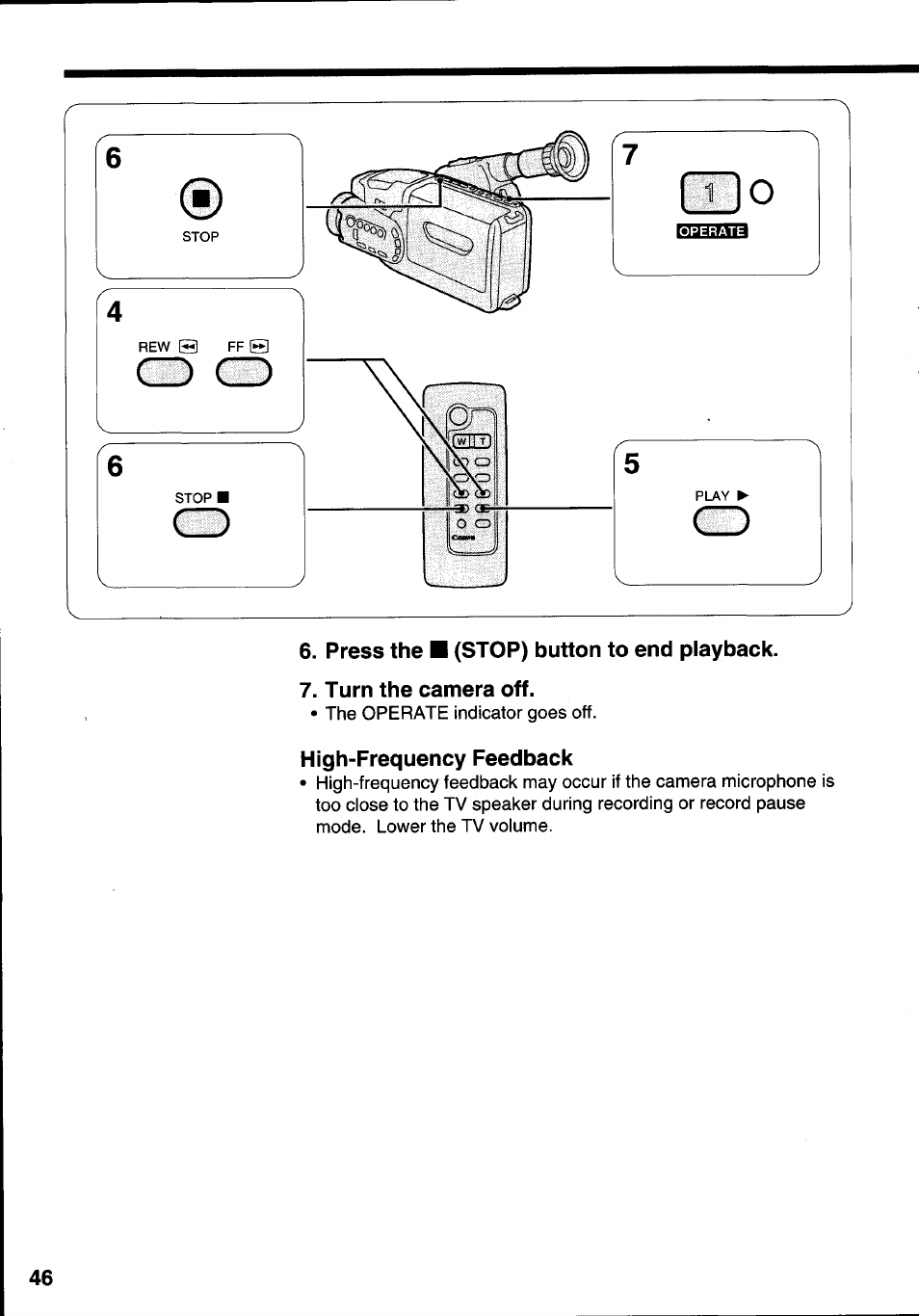 Press the ■ (stop) button to end playback, Turn the camera off, High-frequency feedback | Canon E 333 D User Manual | Page 44 / 82