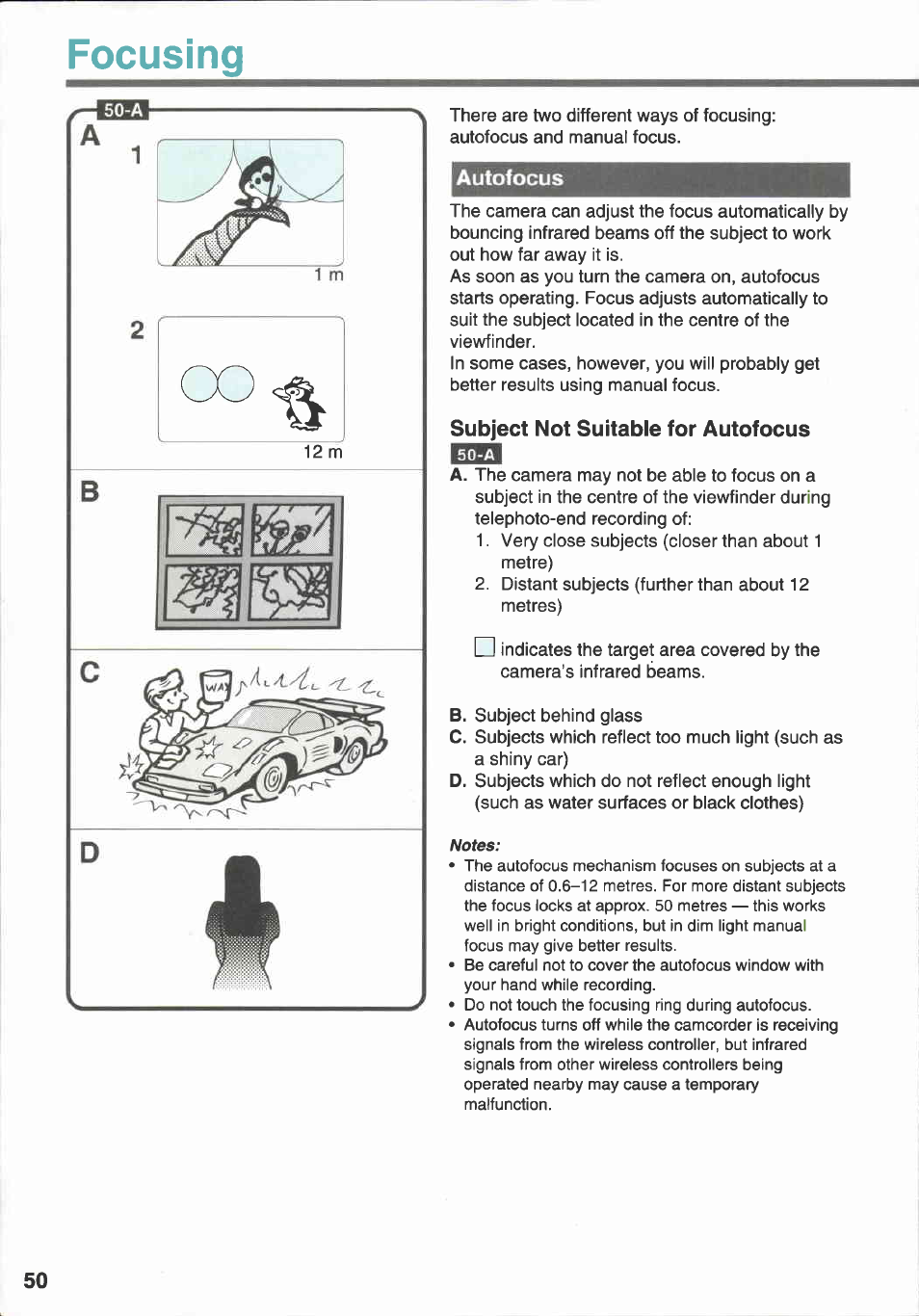 Focusing, Autofocus, Subject not suitable for autofocus | Canon E 333 D User Manual | Page 48 / 82