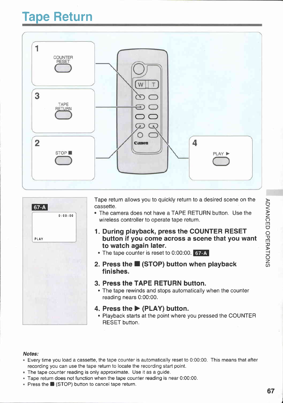 Tape return, Press the finishes, Stop) button when playback | Press the tape return button, Press the ► (play) button, Tape return z | Canon E 333 D User Manual | Page 65 / 82