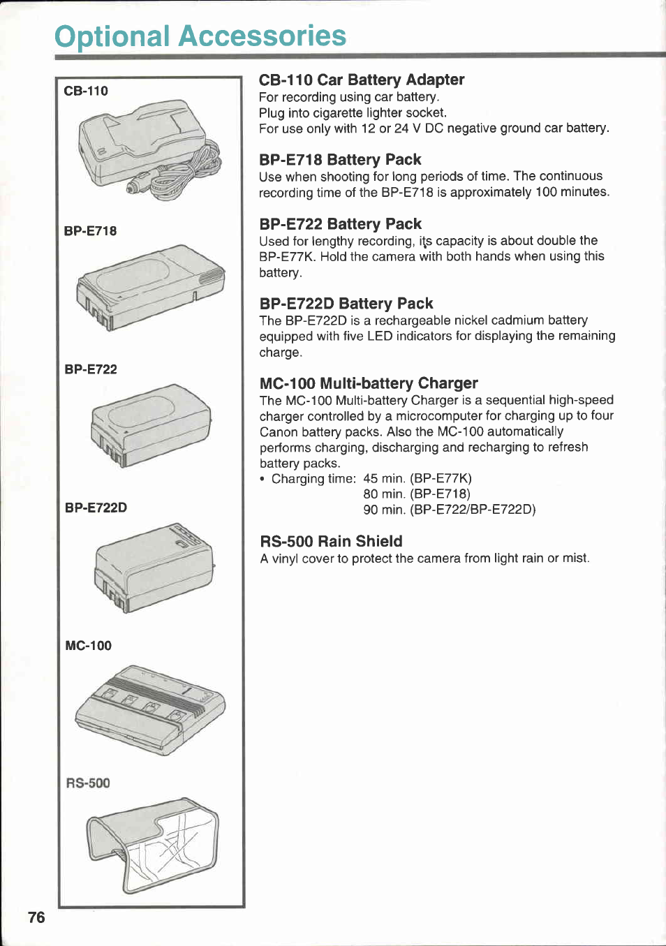 Optional accessories, Bp-e718, Bp-e722 | Bp-e722d, Mc-100, Cb-110 car battery adapter, Bp-e718 battery pack, Bp-e722 battery pack, Bp-e722d battery pack, Mc-100 multi-battery charger | Canon E 333 D User Manual | Page 70 / 82