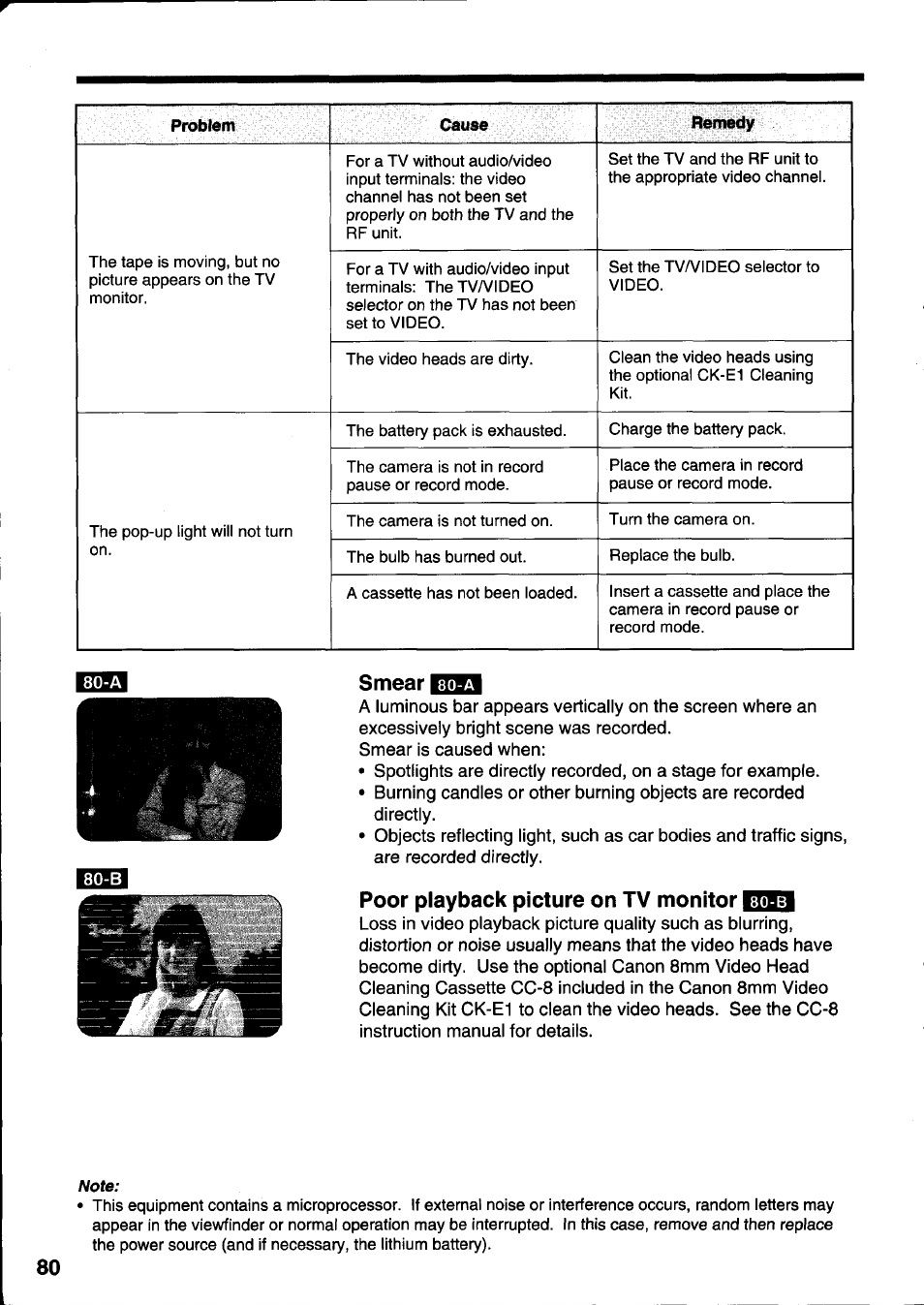 Smear btito, Poor playback picture on tv monitor lltimtl | Canon E 333 D User Manual | Page 74 / 82