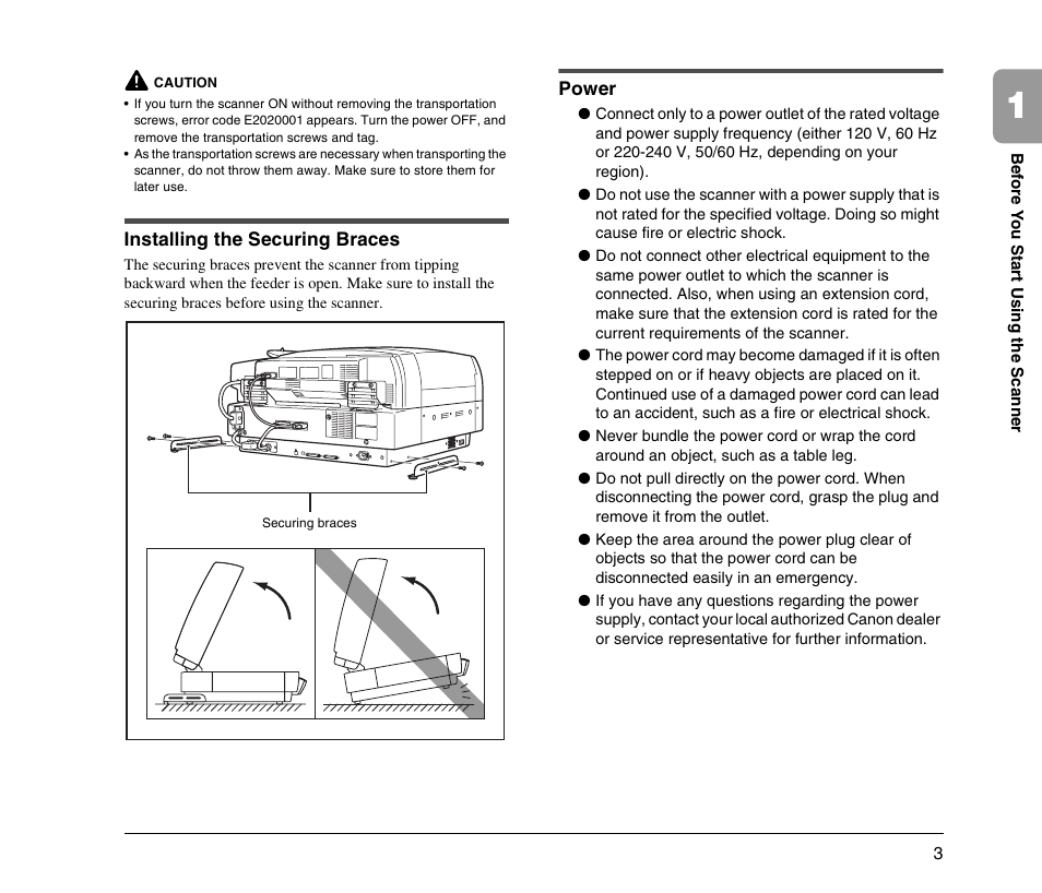 Installing the securing braces, Power, Installing the securing braces power | Canon DR-7090C User Manual | Page 11 / 77