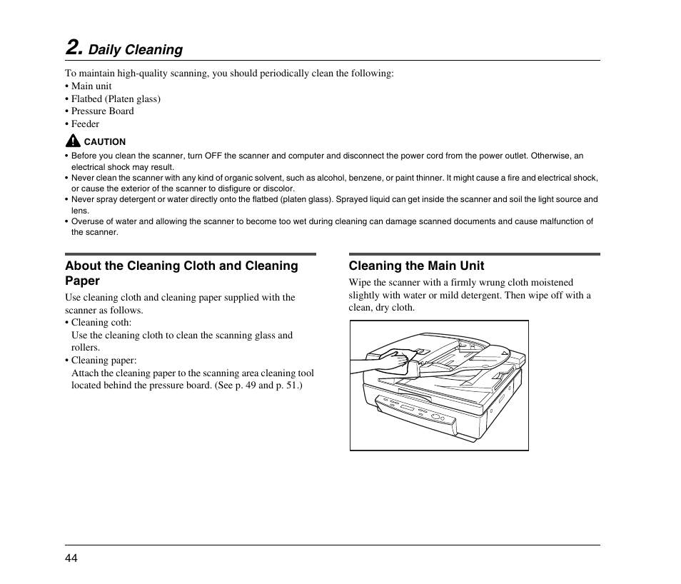 Daily cleaning, About the cleaning cloth and cleaning paper, Cleaning the main unit | Canon DR-7090C User Manual | Page 52 / 77