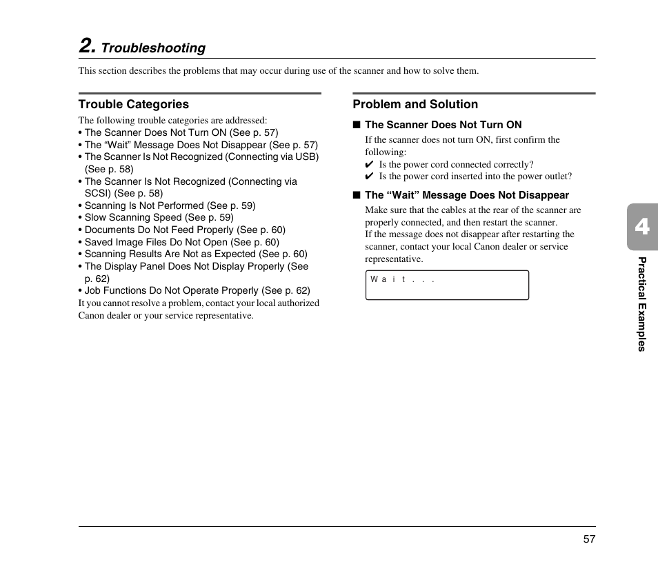 Troubleshooting, Trouble categories, Problem and solution | Trouble categories problem and solution | Canon DR-7090C User Manual | Page 65 / 77