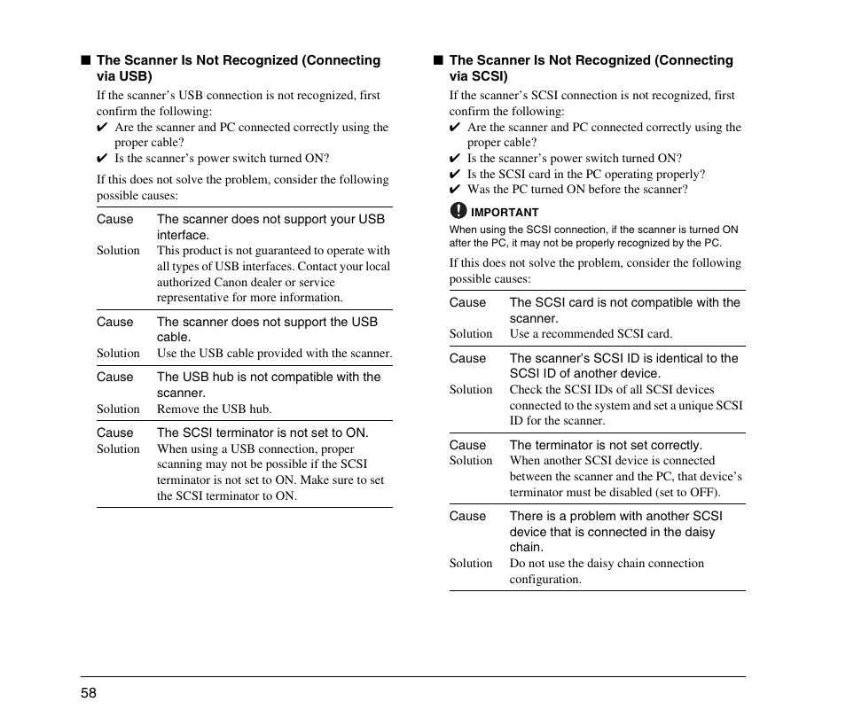 The scanner is not recognized (connecting via usb), See p. 58), The scanner is not recognized (connecting via | Scsi) (see p. 58) | Canon DR-7090C User Manual | Page 66 / 77