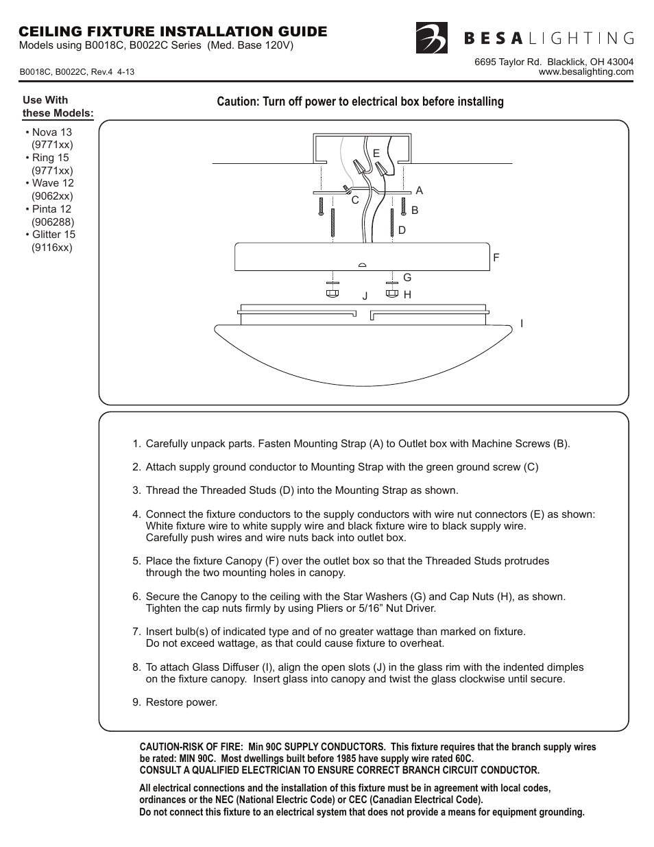 B0018c, b0022c_rev4, Ceiling fixture installation guide | Besa Lighting Luma Slim (Flush Mount) User Manual | Page 2 / 3