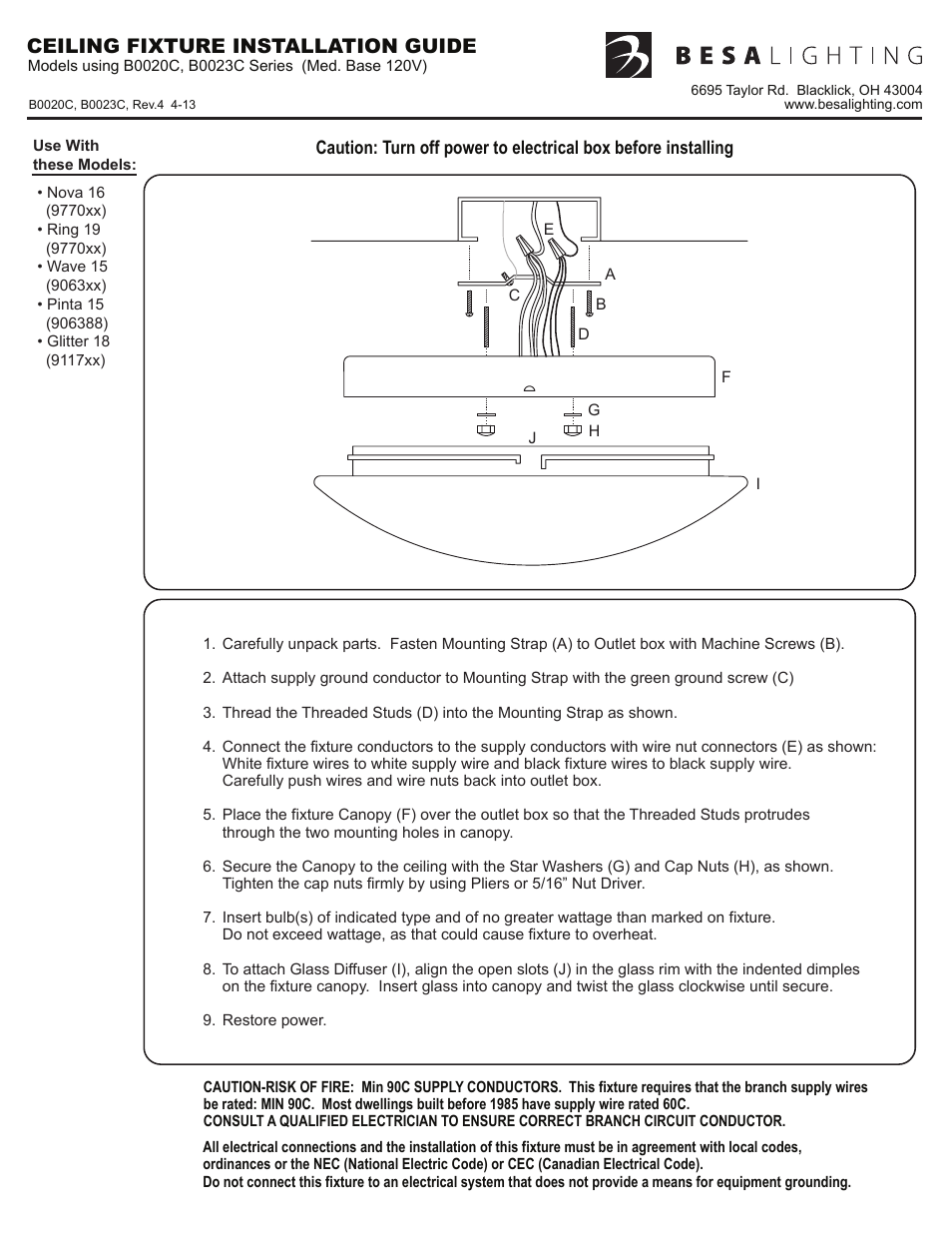 B0020c,b0023c_rev4, Ceiling fixture installation guide | Besa Lighting Luma Slim (Flush Mount) User Manual | Page 3 / 3