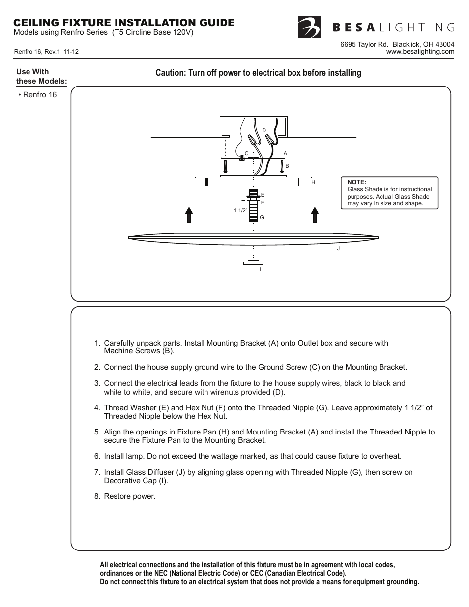 Besa Lighting Renfro (Flush Mount) User Manual | 2 pages