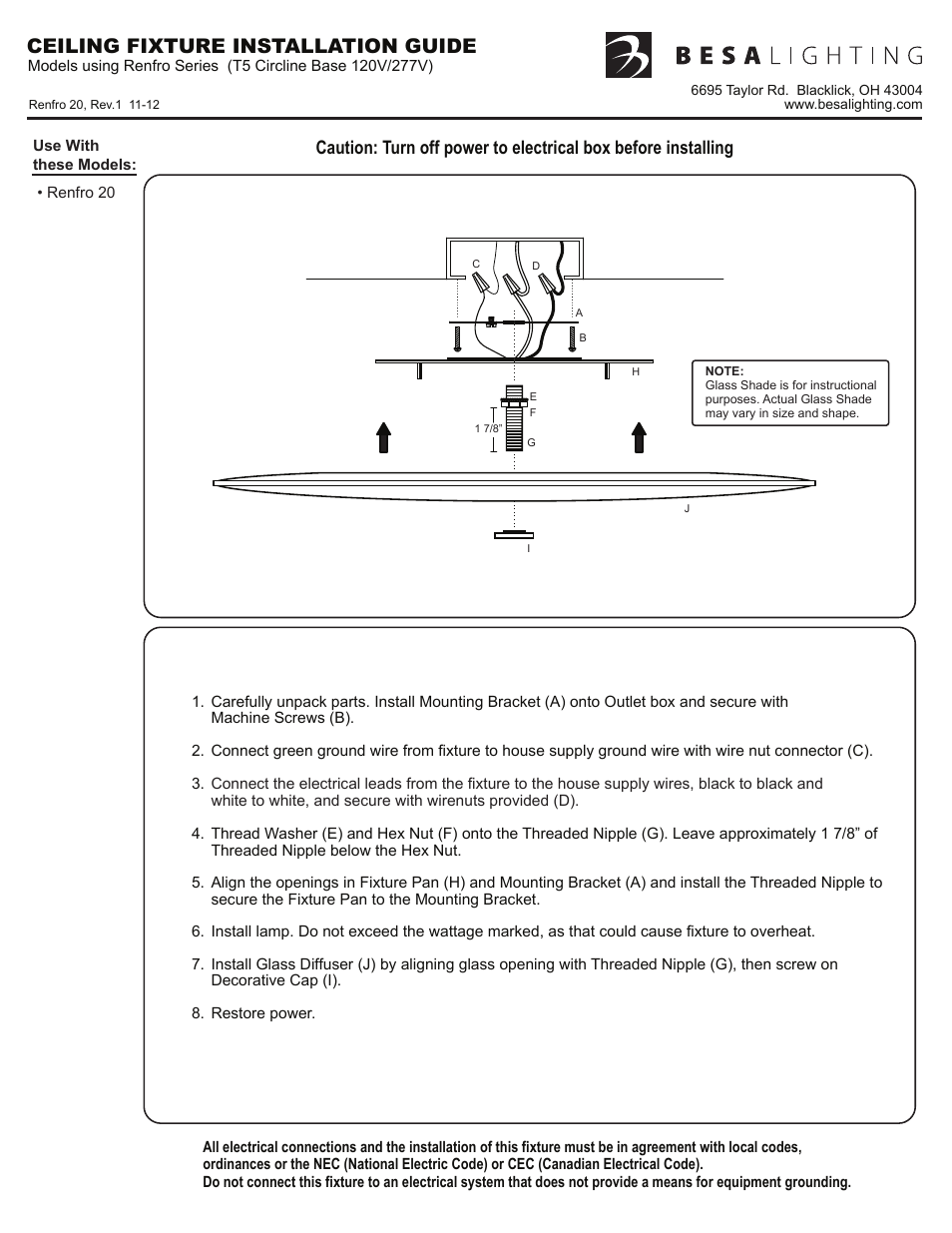 Renfro20, rev1, Ceiling fixture installation guide | Besa Lighting Renfro (Flush Mount) User Manual | Page 2 / 2