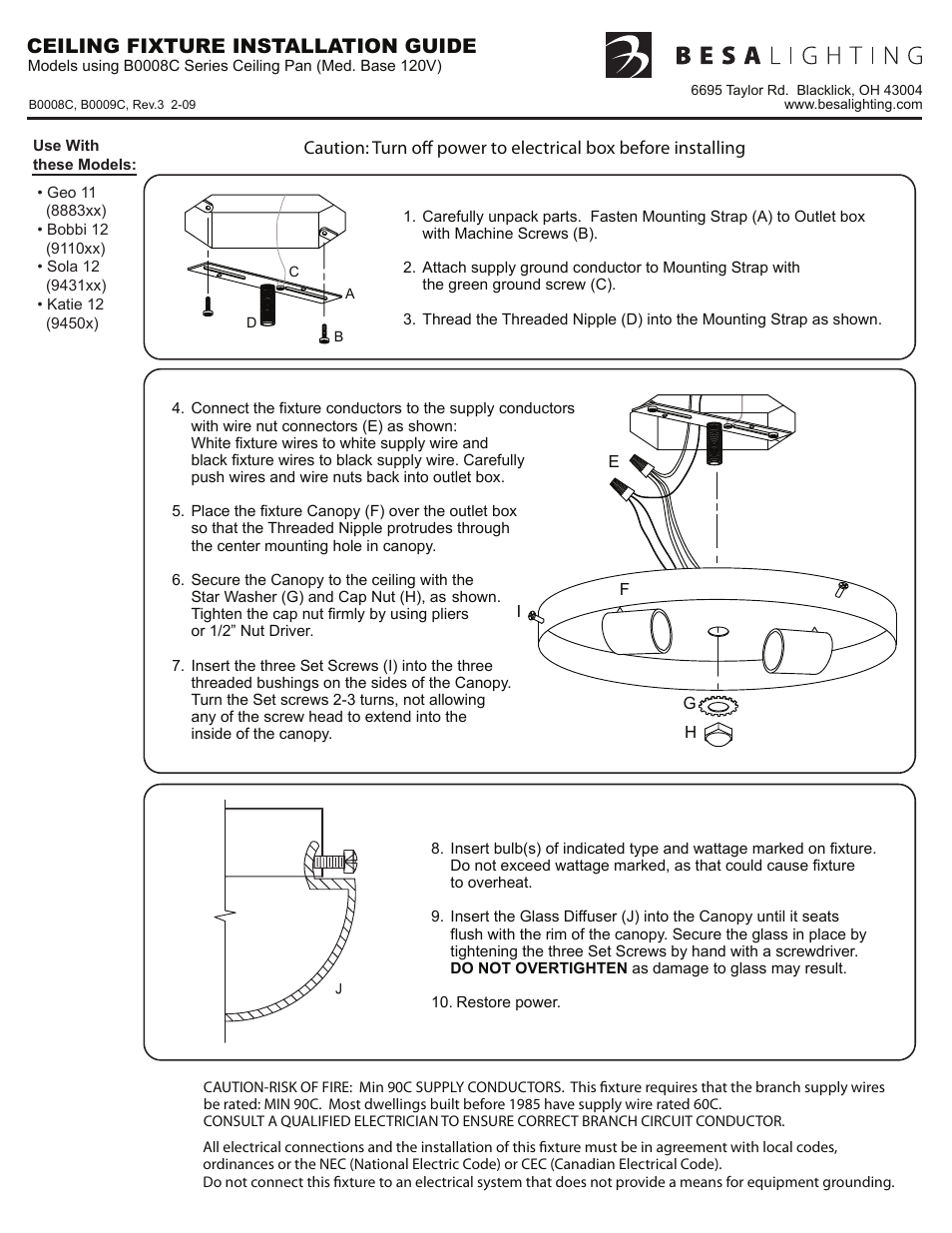 B0008c,b0009c_rev3, Ceiling fixture installation guide | Besa Lighting Sola (Flush Mount) User Manual | Page 2 / 3