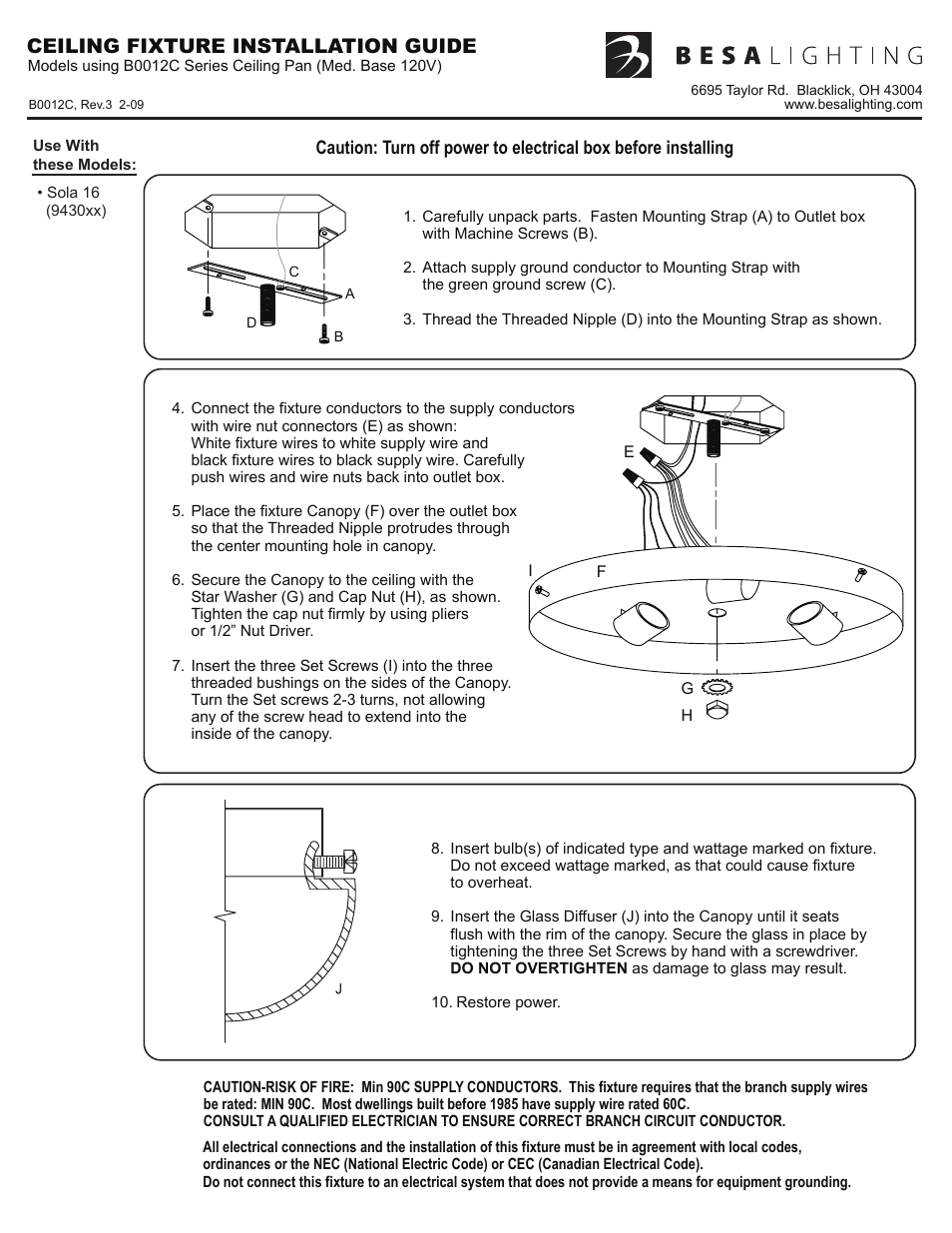 B0012c_rev3, Ceiling fixture installation guide | Besa Lighting Sola (Flush Mount) User Manual | Page 3 / 3