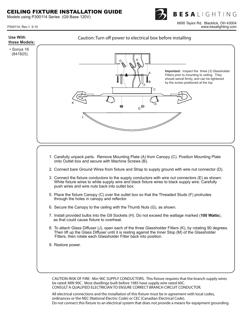 P300114_rev1, Ceiling fixture installation guide | Besa Lighting Sonya (Flush Mount) User Manual | Page 2 / 3