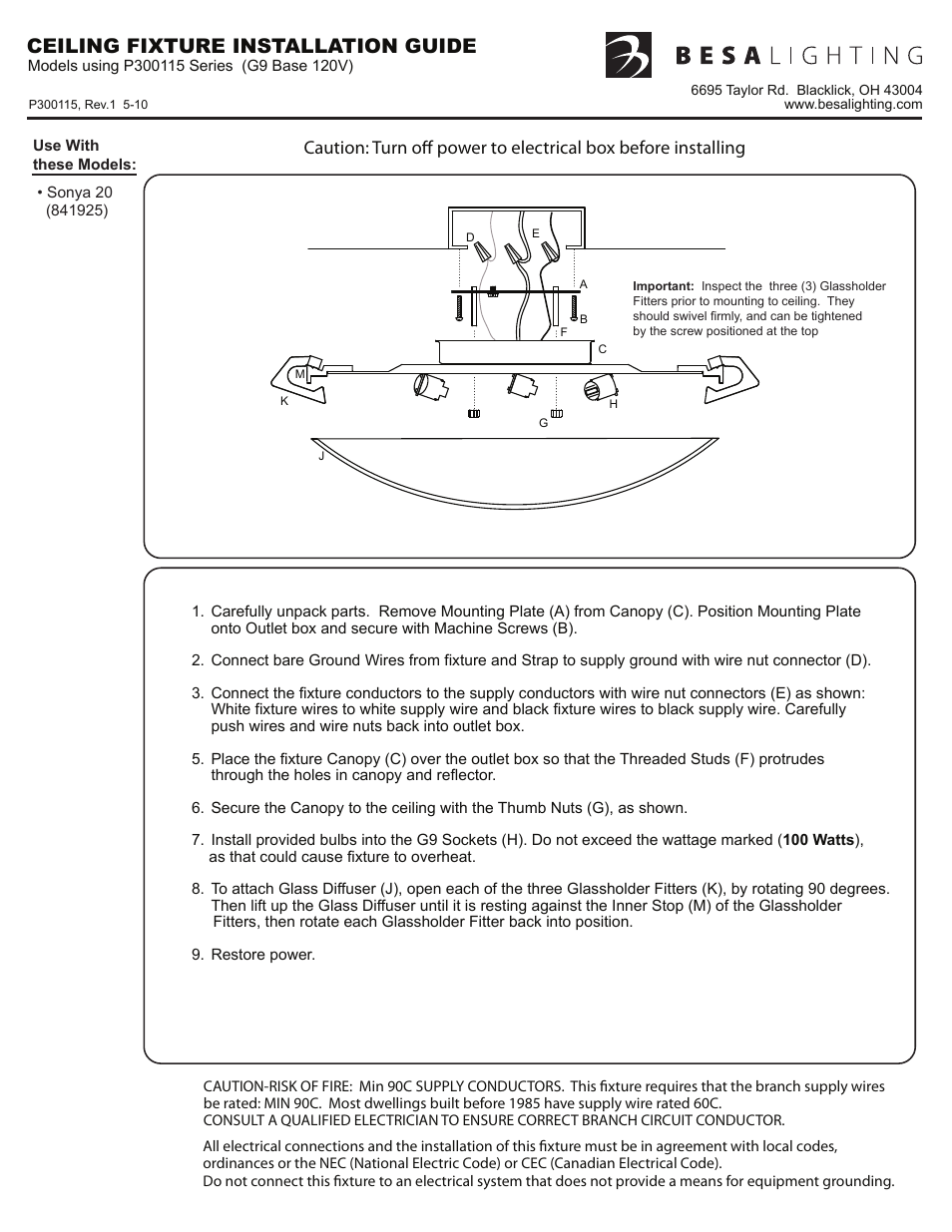 P300115_rev1, Ceiling fixture installation guide | Besa Lighting Sonya (Flush Mount) User Manual | Page 3 / 3