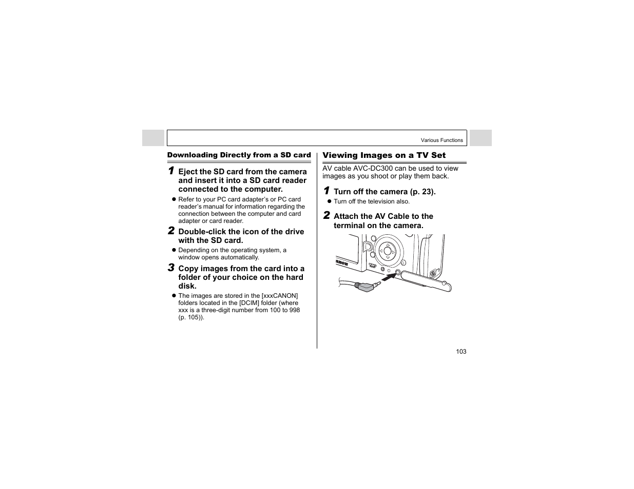 Downloading directly from a sd card, Viewing images on a tv set | Canon A400 User Manual | Page 105 / 148
