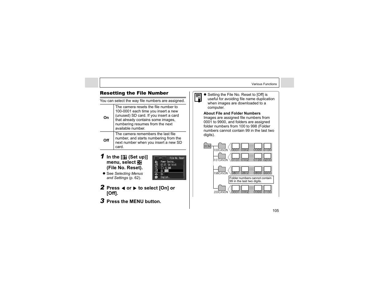 Resetting the file number | Canon A400 User Manual | Page 107 / 148