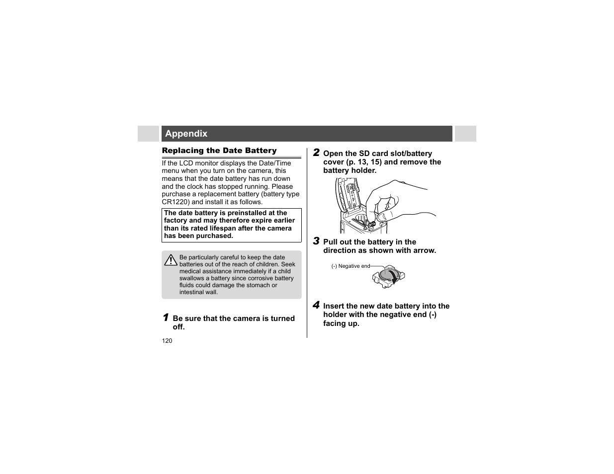 Appendix, Replacing the date battery | Canon A400 User Manual | Page 122 / 148