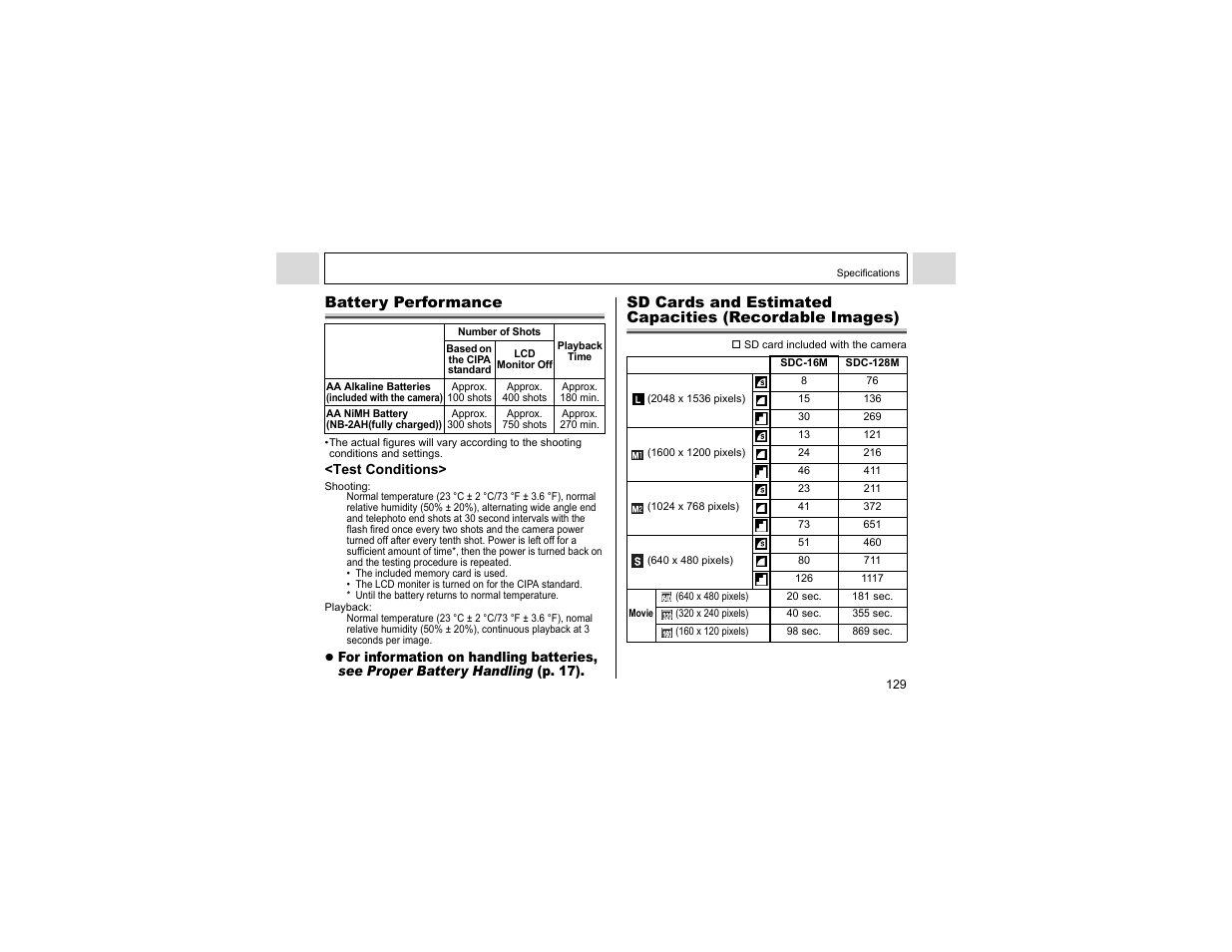 Battery performance | Canon A400 User Manual | Page 131 / 148
