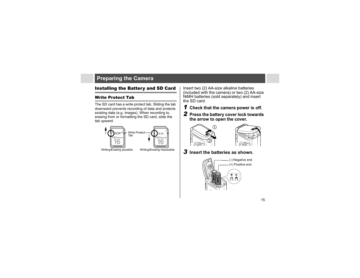 Preparing the camera, Installing the battery and sd card | Canon A400 User Manual | Page 17 / 148