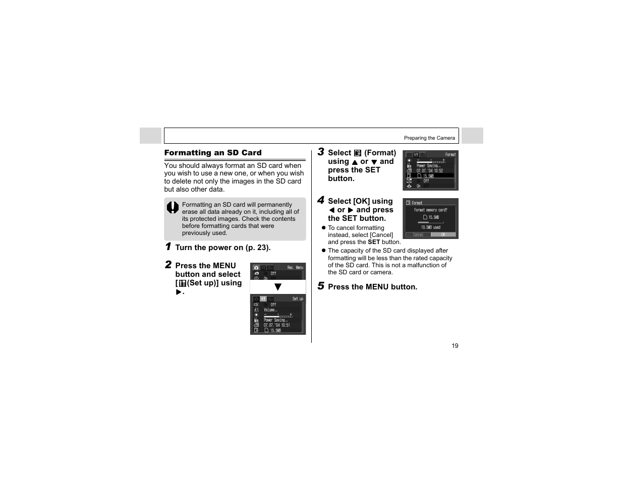Formatting an sd card | Canon A400 User Manual | Page 21 / 148