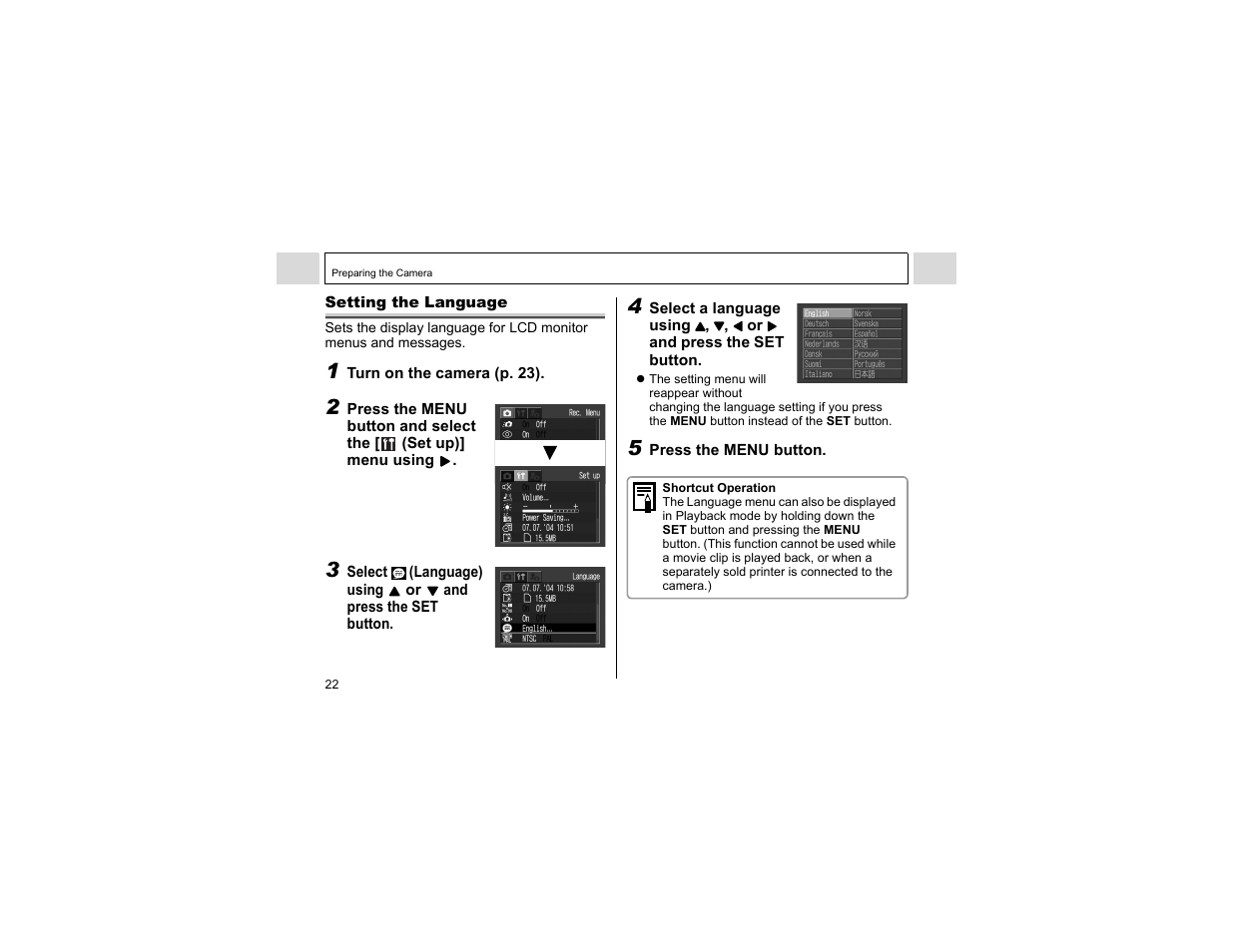 Setting the language | Canon A400 User Manual | Page 24 / 148