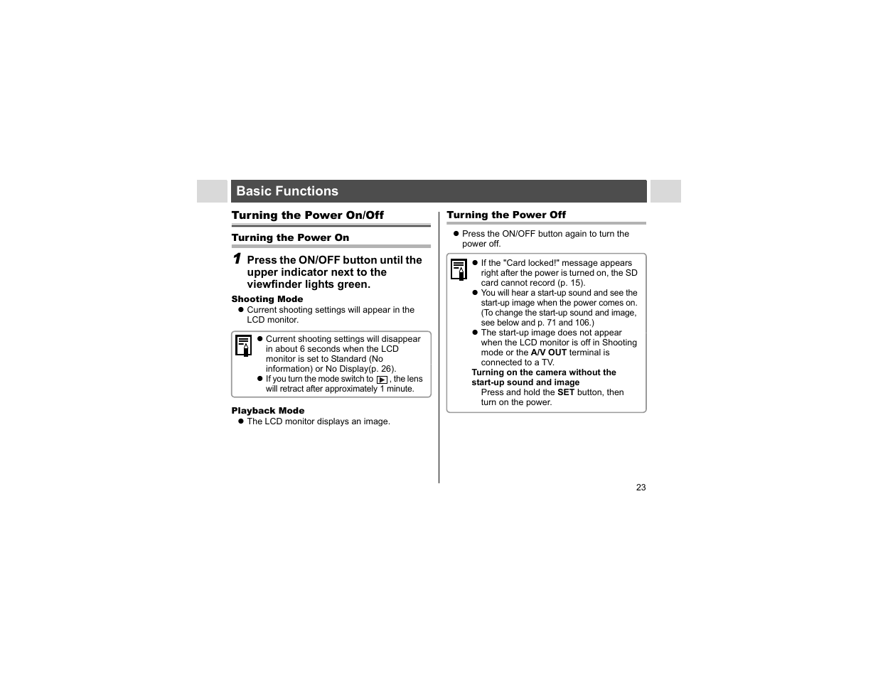Basic functions, Turning the power on/off | Canon A400 User Manual | Page 25 / 148