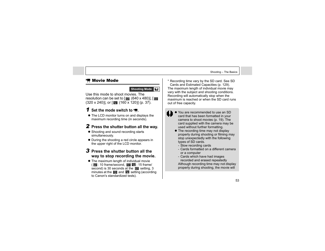 Movie mode | Canon A400 User Manual | Page 55 / 148