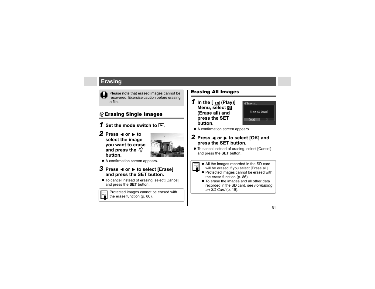 Erasing, Erasing single images, Erasing all images | Canon A400 User Manual | Page 63 / 148