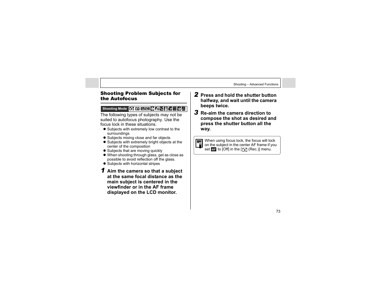 Shooting problem subjects for the autofocus | Canon A400 User Manual | Page 75 / 148
