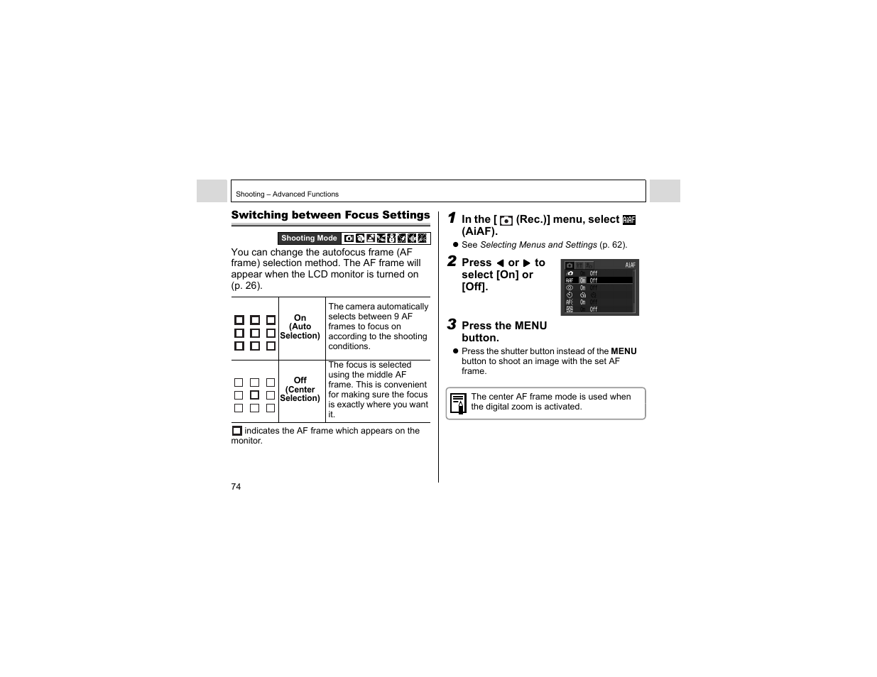Switching between focus settings | Canon A400 User Manual | Page 76 / 148