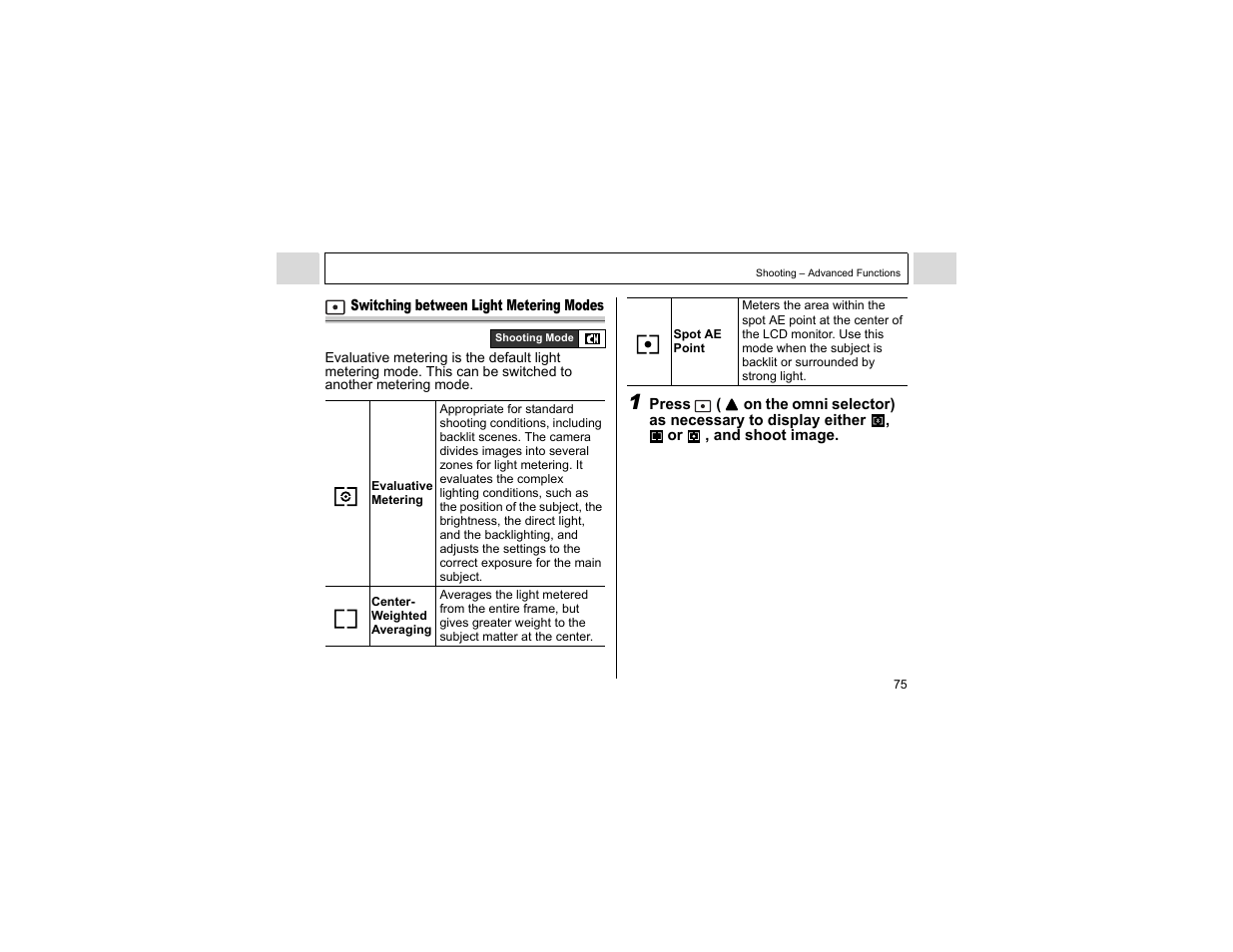 Switching between light metering modes | Canon A400 User Manual | Page 77 / 148