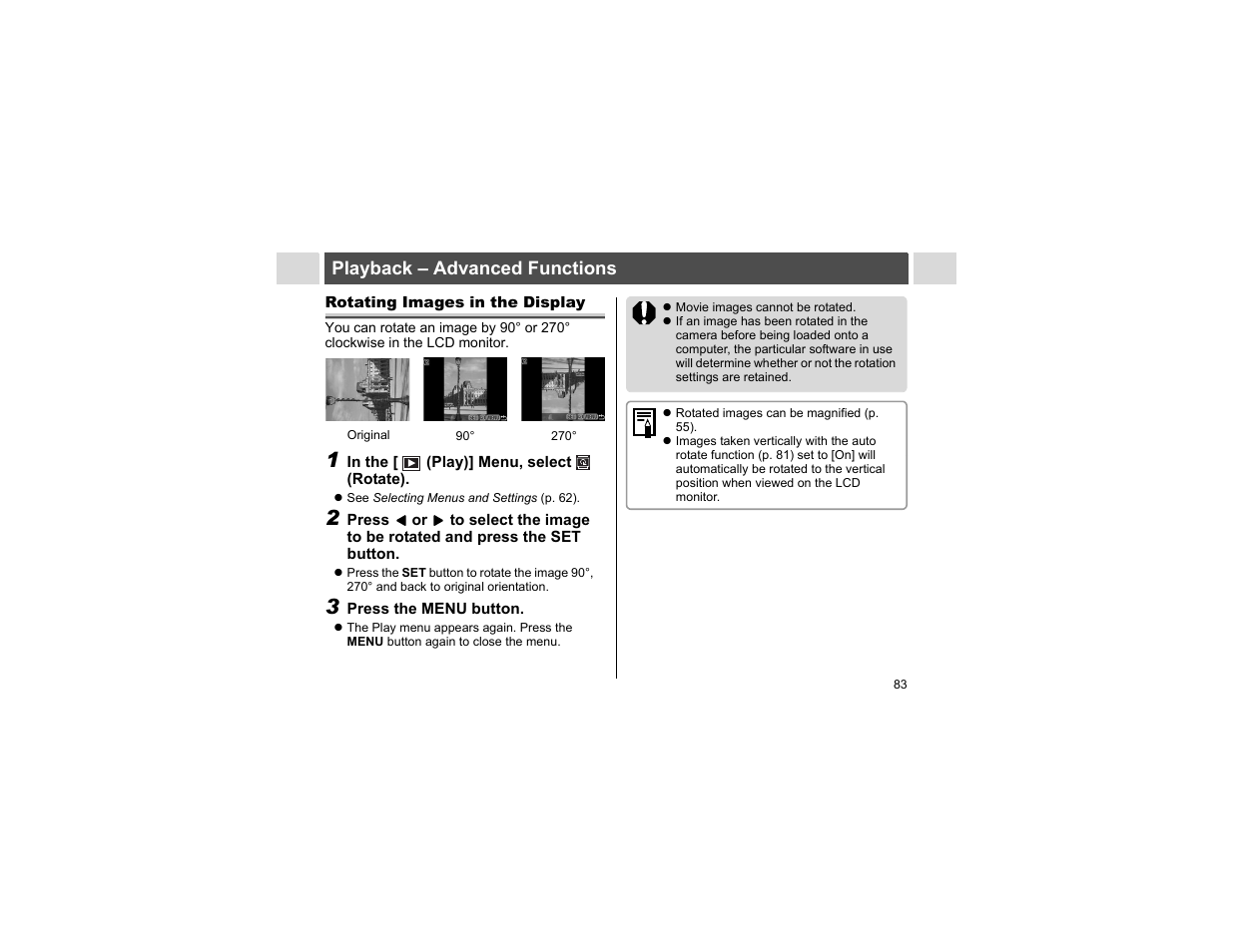 Playback – advanced functions, Rotating images in the display | Canon A400 User Manual | Page 85 / 148