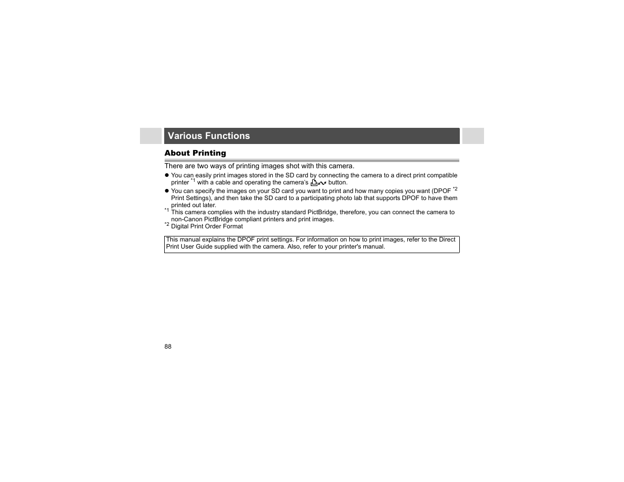 Various functions, About printing | Canon A400 User Manual | Page 90 / 148