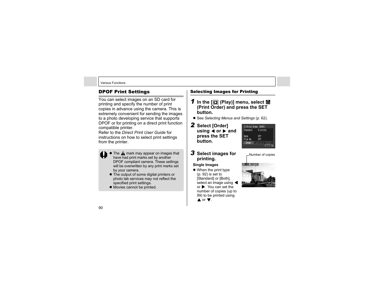 Dpof print settings | Canon A400 User Manual | Page 92 / 148