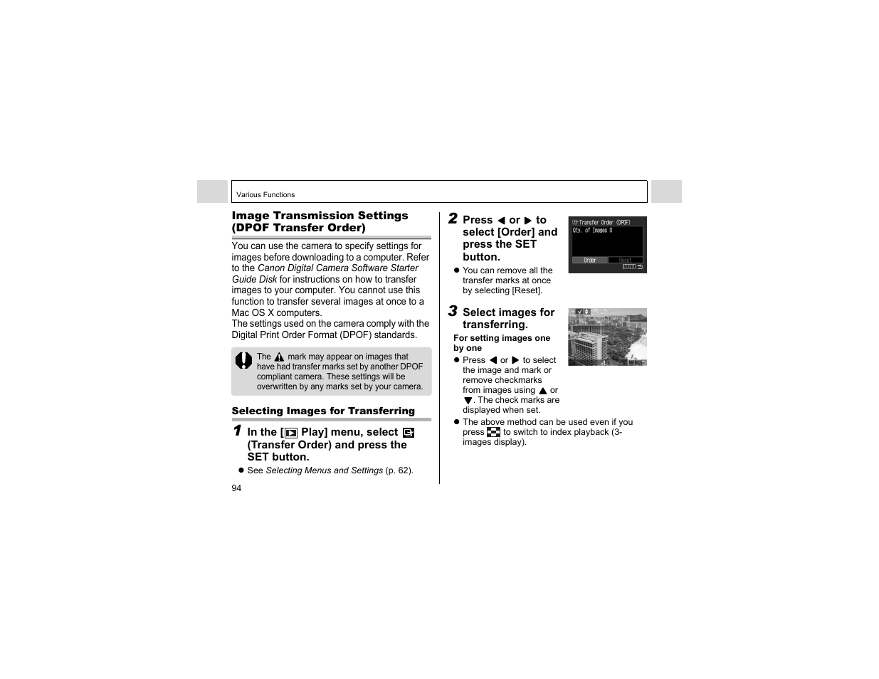 Image transmission settings (dpof transfer order) | Canon A400 User Manual | Page 96 / 148
