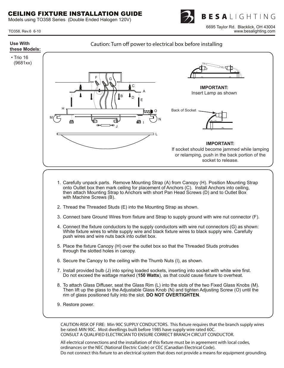 To358_rev6, Ceiling fixture installation guide | Besa Lighting Trio (Flush Mount) User Manual | Page 2 / 6