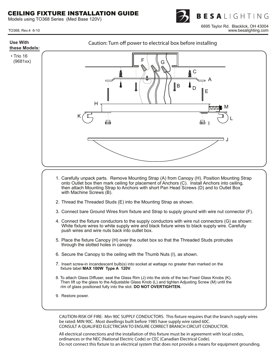 To368_rev4, Ceiling fixture installation guide | Besa Lighting Trio (Flush Mount) User Manual | Page 5 / 6